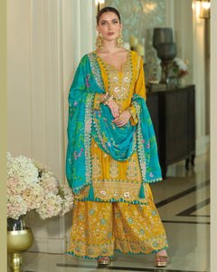 Yellow Blue Chinnon Silk Khatli Thread Sequins Work Women Readymade Sharara Suit