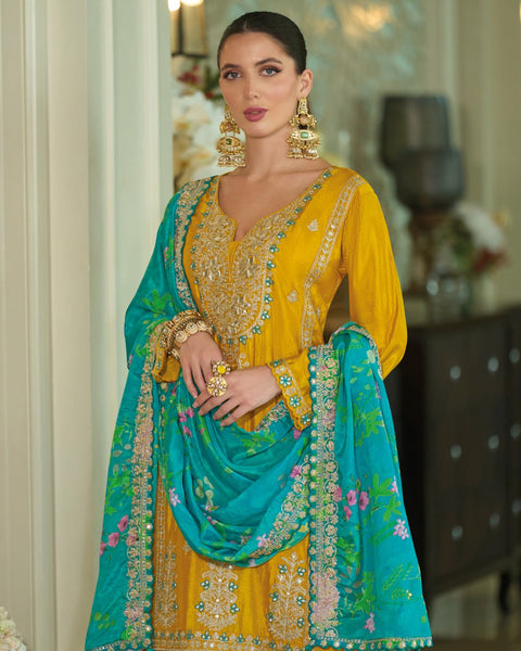 Yellow Blue Chinnon Silk Khatli Thread Sequins Work Women Readymade Sharara Suit