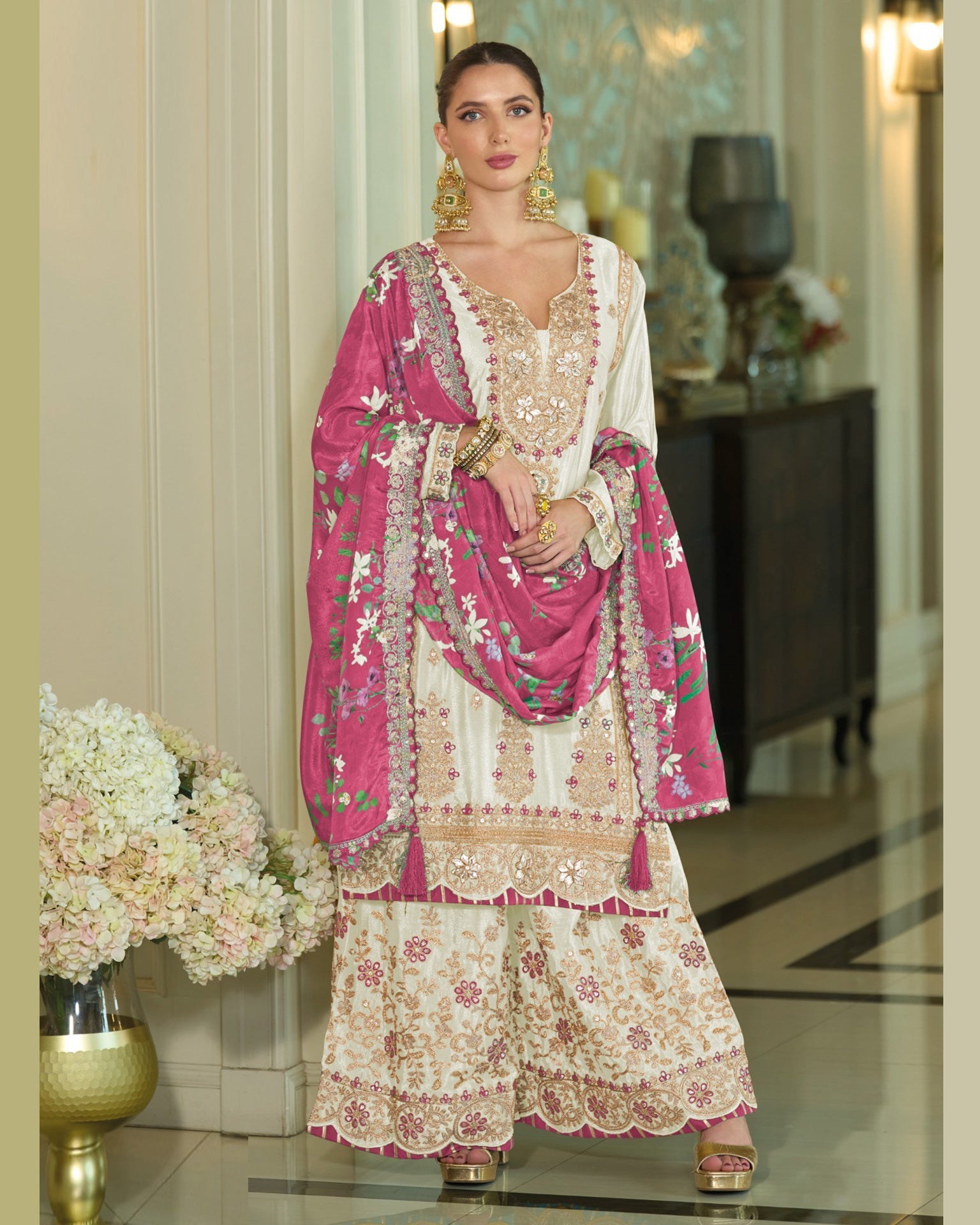 White Pink Chinnon Silk Khatli Thread Sequins Work Women Readymade Sharara Suit
