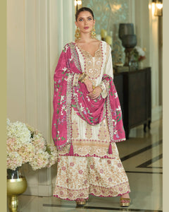 White Pink Chinnon Silk Khatli Thread Sequins Work Women Readymade Sharara Suit