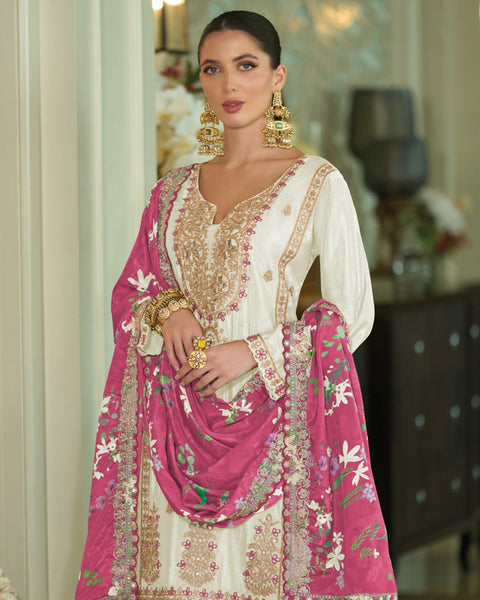White Pink Chinnon Silk Khatli Thread Sequins Work Women Readymade Sharara Suit