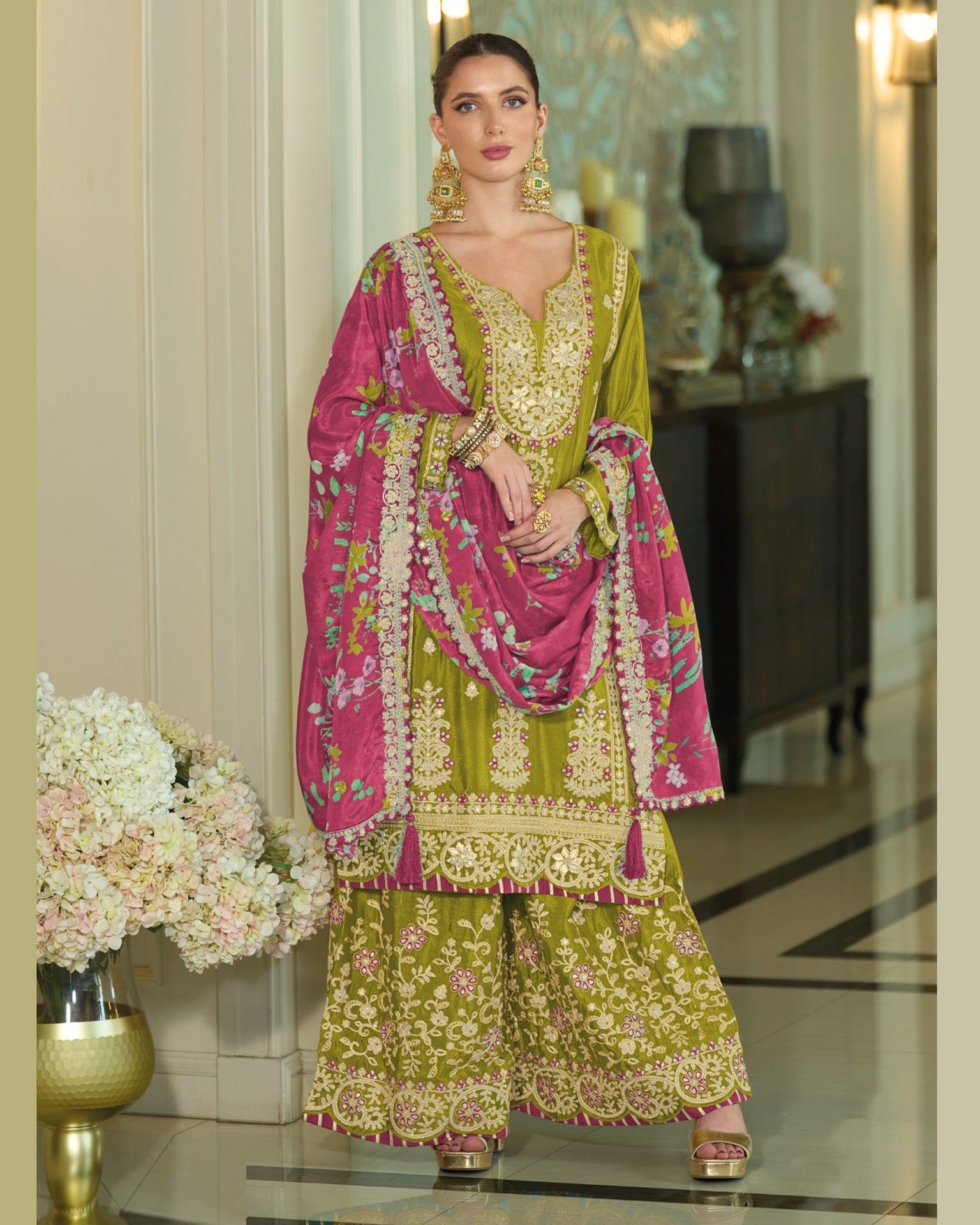 Green Pink Chinnon Silk Khatli Thread Sequins Work Women Readymade Sharara Suit