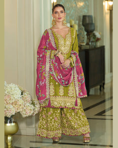 Green Pink Chinnon Silk Khatli Thread Sequins Work Women Readymade Sharara Suit