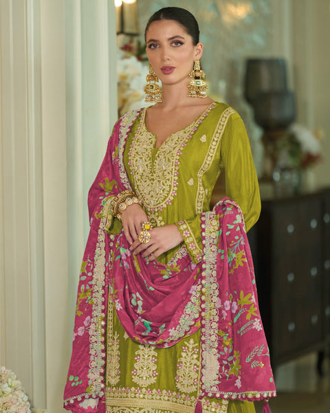 Green Pink Chinnon Silk Khatli Thread Sequins Work Women Readymade Sharara Suit