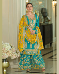 Blue Yellow Chinnon Silk Khatli Thread Sequins Work Women Readymade Sharara Suit