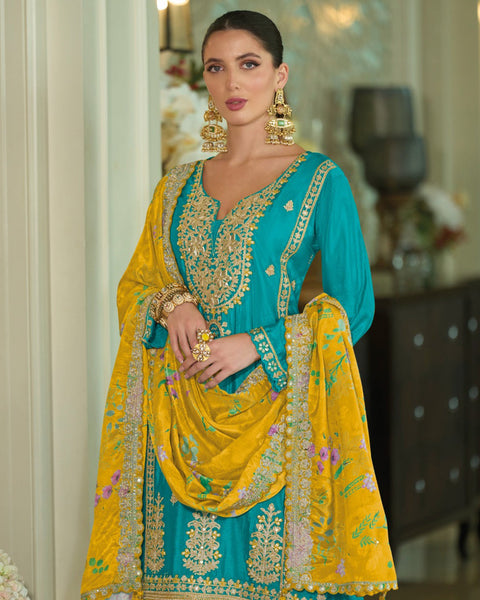 Blue Yellow Chinnon Silk Khatli Thread Sequins Work Women Readymade Sharara Suit