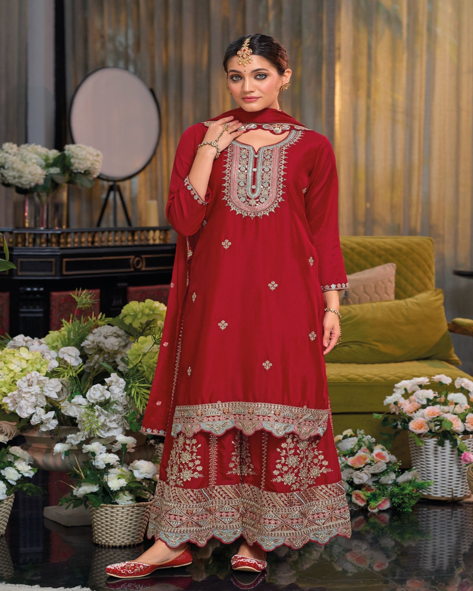 Red Chinnon Silk Zari & Mirror Work Women Readymade Palazzo Suit With Embroidered Dupatta
