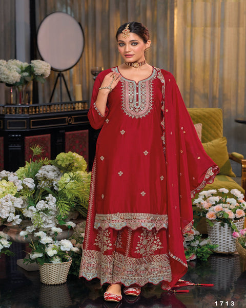 Red Chinnon Silk Zari & Mirror Work Women Readymade Palazzo Suit With Embroidered Dupatta