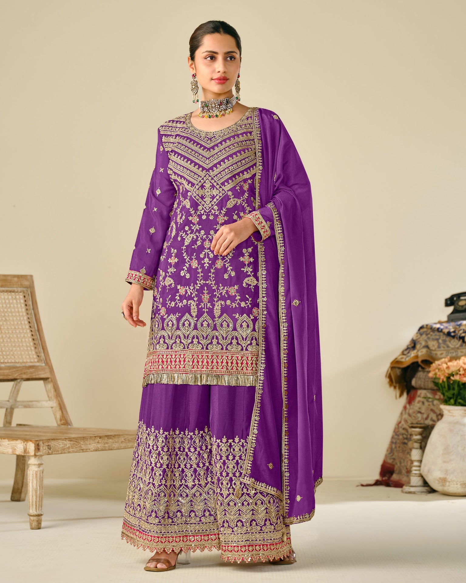 Purple Chinnon Silk Zari Sequins & Thread Embroidery Work Women Readymade Palazzo Suit