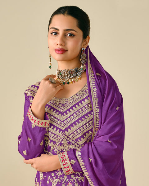 Purple Chinnon Silk Zari Sequins & Thread Embroidery Work Women Readymade Palazzo Suit