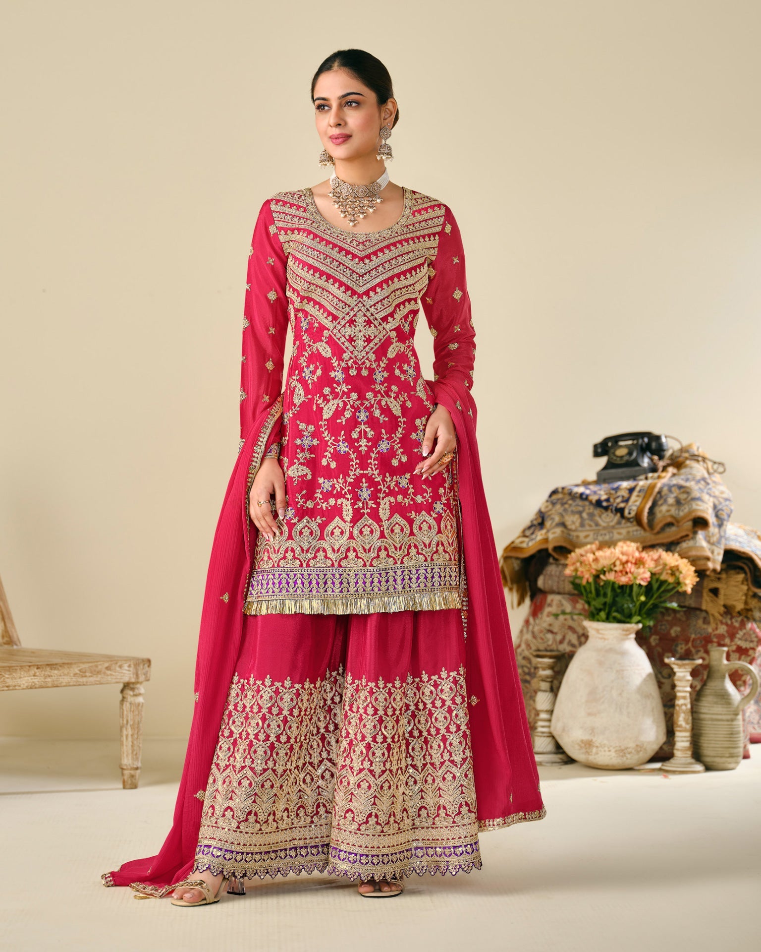 Red Chinnon Silk Zari Sequins & Thread Embroidery Work Women Readymade Palazzo Suit