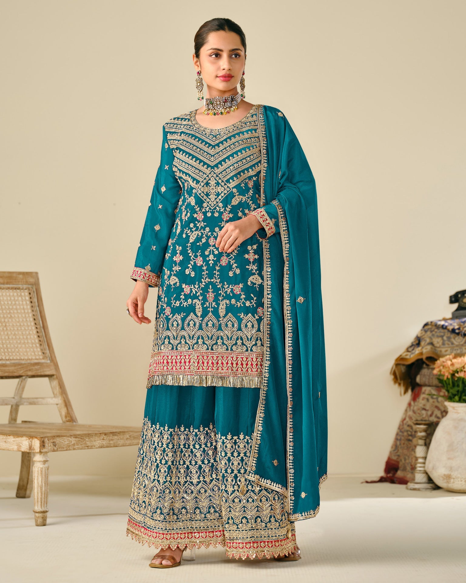 Blue Chinnon Silk Zari Sequins & Thread Embroidery Work Women Readymade Palazzo Suit