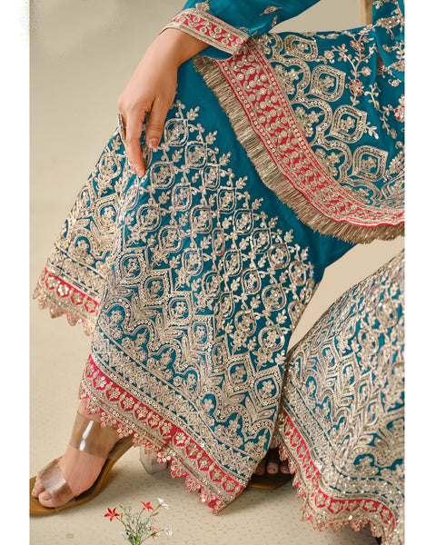 Blue Chinnon Silk Zari Sequins & Thread Embroidery Work Women Readymade Palazzo Suit