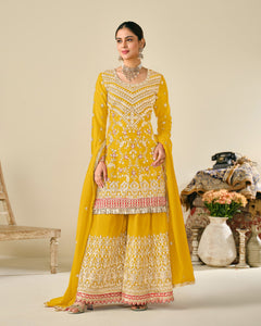 Yellow Chinnon Silk Zari Sequins & Thread Embroidery Work Women Readymade Palazzo Suit
