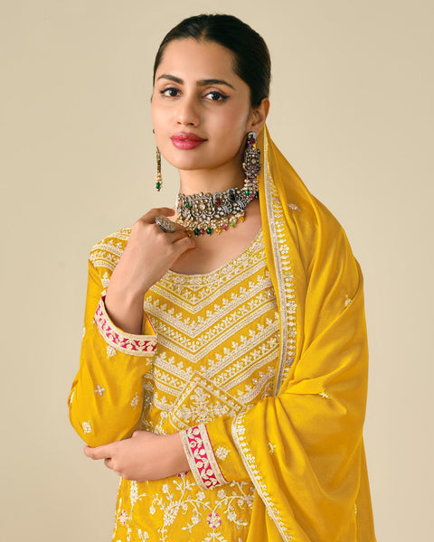 Yellow Chinnon Silk Zari Sequins & Thread Embroidery Work Women Readymade Palazzo Suit