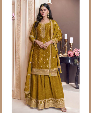 Mustard Chinnon Silk Zari Work Women Customized Sharara Suit
