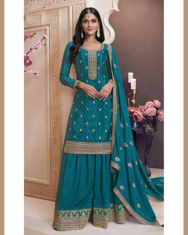 Blue Chinnon Silk Zari Work Women Customized Sharara Suit