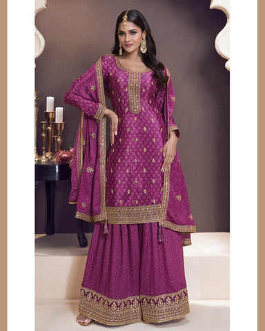 Purple Chinnon Silk Zari Work Women Customized Sharara Suit