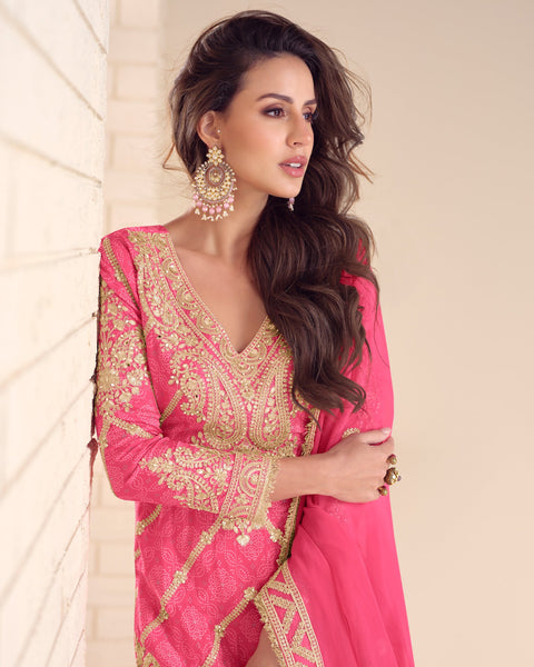 Pink Chinnon Silk Zari Sequins Hand Work Women Readymade Palazzo Suit