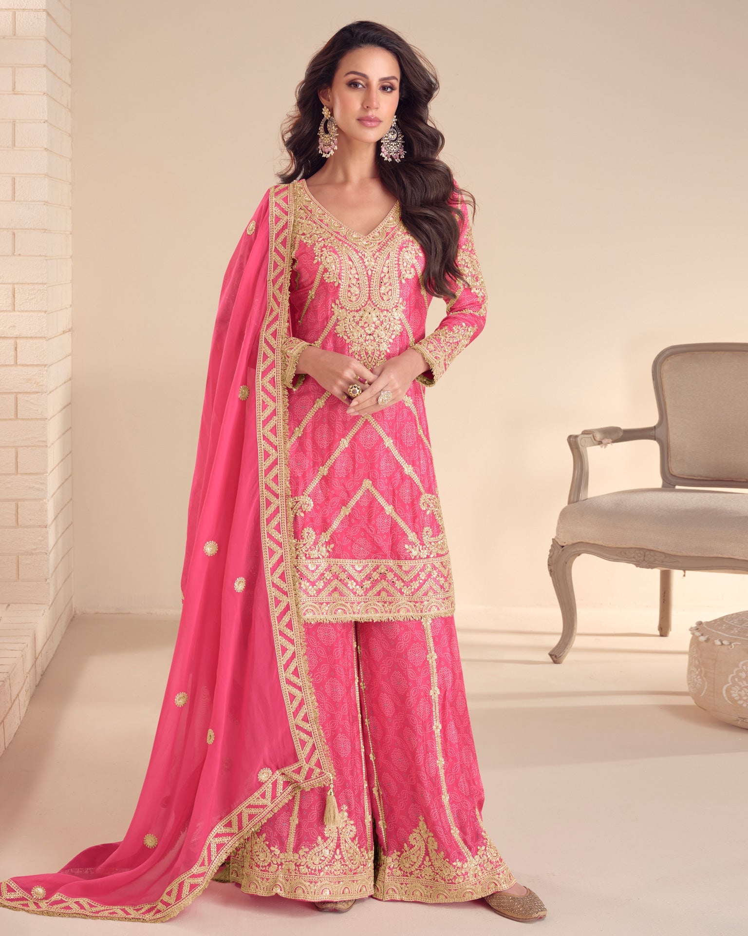 Pink Chinnon Silk Zari Sequins Hand Work Women Readymade Palazzo Suit