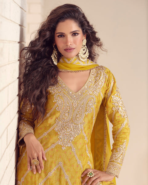 Yellow Chinnon Silk Zari Sequins Hand Work Women Readymade Palazzo Suit