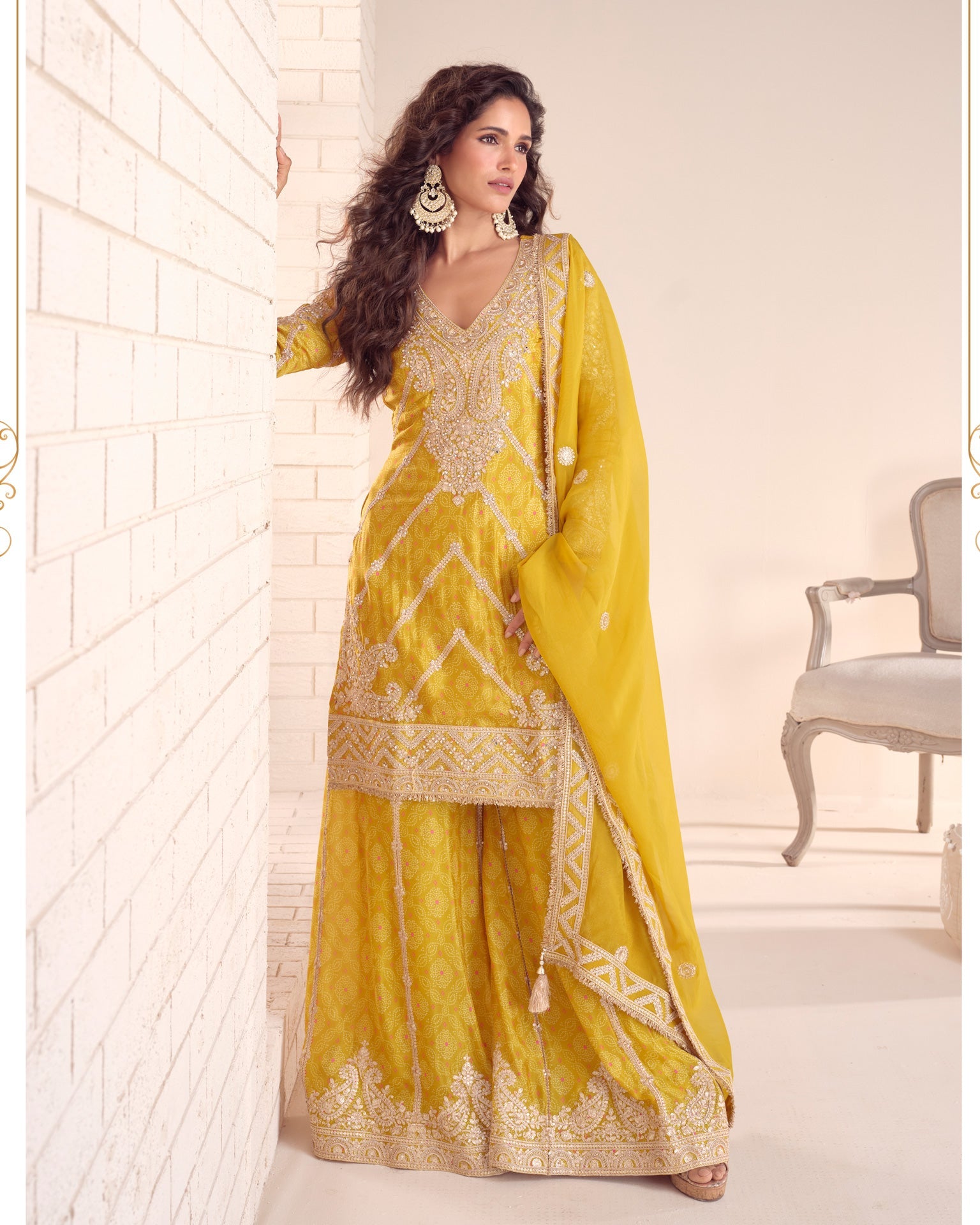 Yellow Chinnon Silk Zari Sequins Hand Work Women Readymade Palazzo Suit