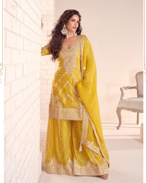 Yellow Chinnon Silk Zari Sequins Hand Work Women Readymade Palazzo Suit