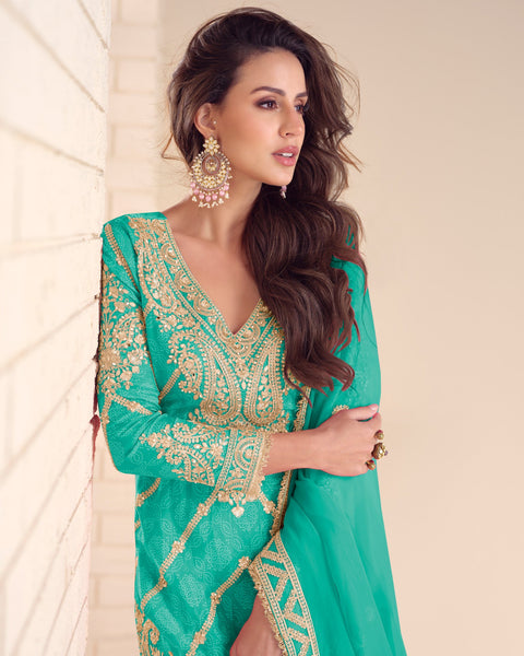 Sea Green Chinnon Silk Zari Sequins Hand Work Women Readymade Palazzo Suit