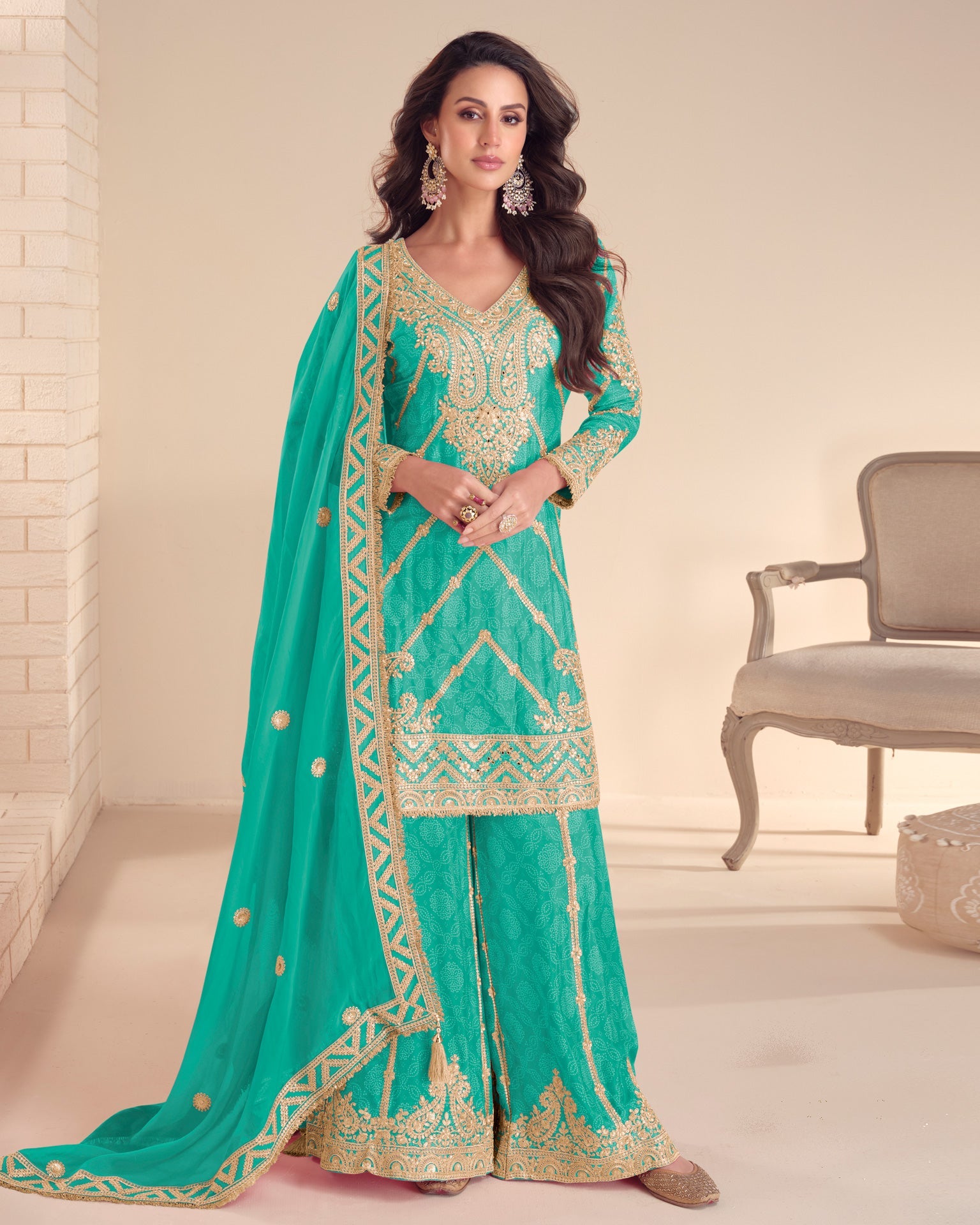 Sea Green Chinnon Silk Zari Sequins Hand Work Women Readymade Palazzo Suit
