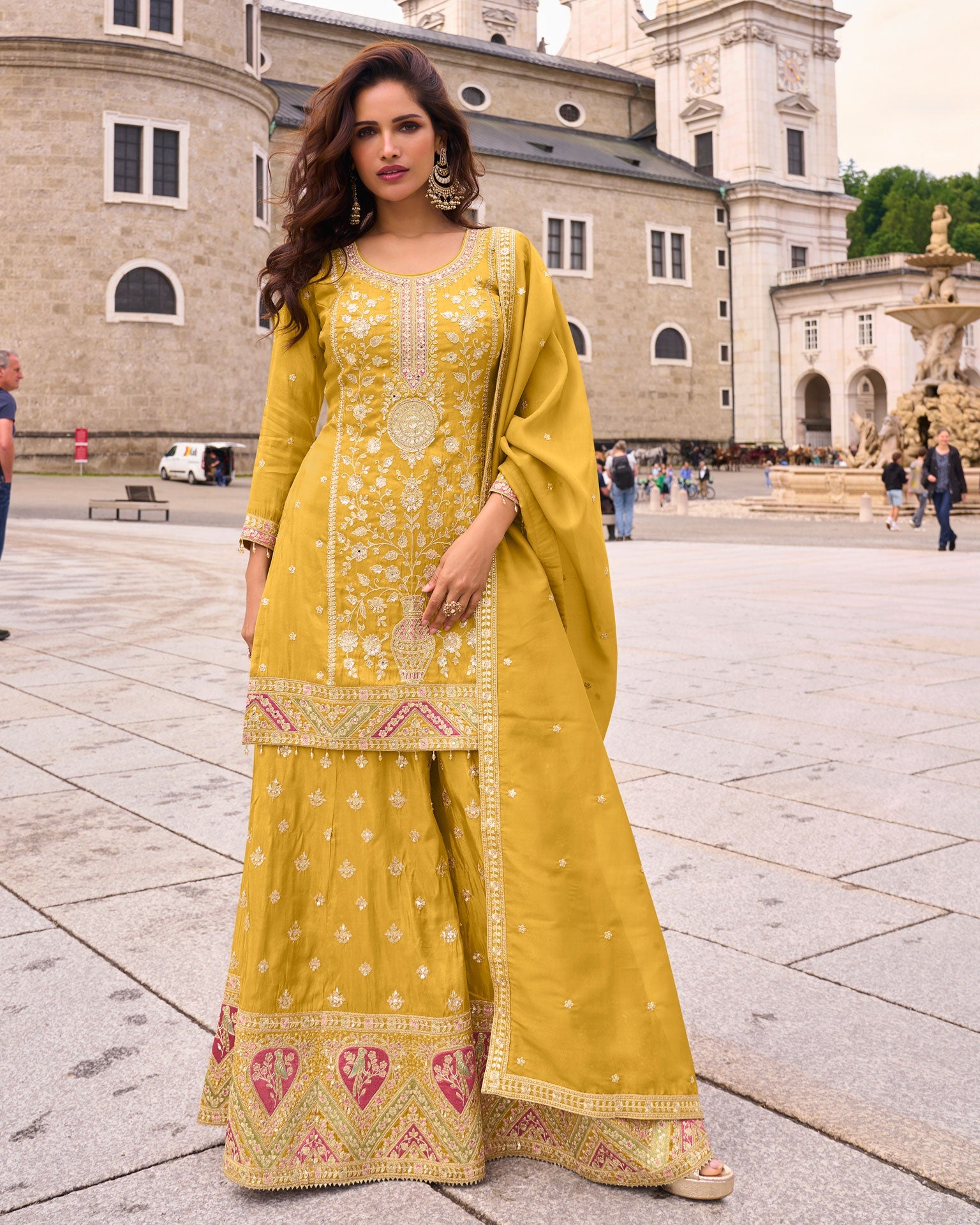 Yellow Simar Silk Readymade Woman Palazzo Suit With Silk Dupatta