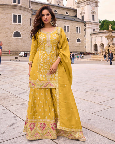 Yellow Simar Silk Readymade Woman Palazzo Suit With Silk Dupatta