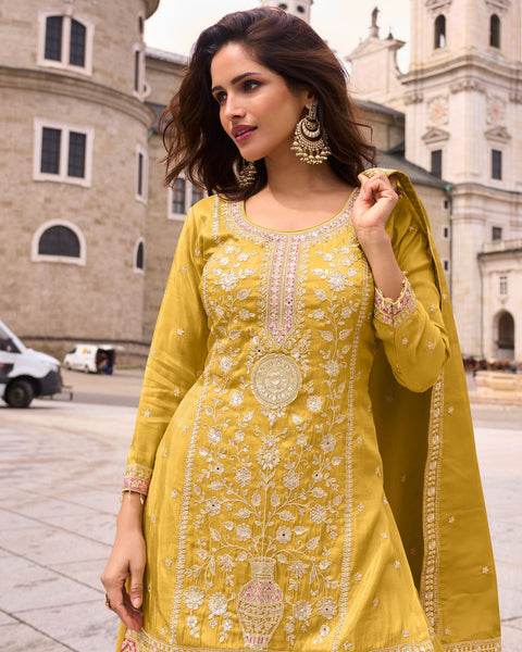 Yellow Simar Silk Readymade Woman Palazzo Suit With Silk Dupatta