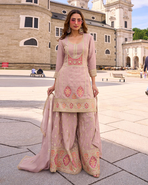 Pink Simar Silk Readymade Woman Palazzo Suit With Silk Dupatta