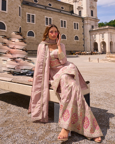 Pink Simar Silk Readymade Woman Palazzo Suit With Silk Dupatta