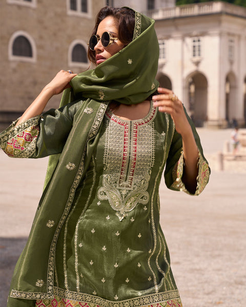 Dark Green Simar Silk Readymade Woman Palazzo Suit With Silk Dupatta
