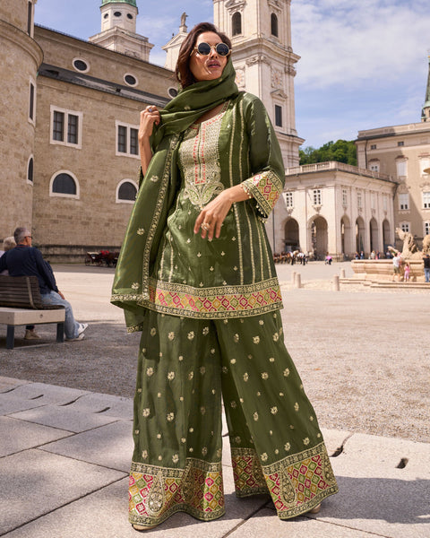 Dark Green Simar Silk Readymade Woman Palazzo Suit With Silk Dupatta