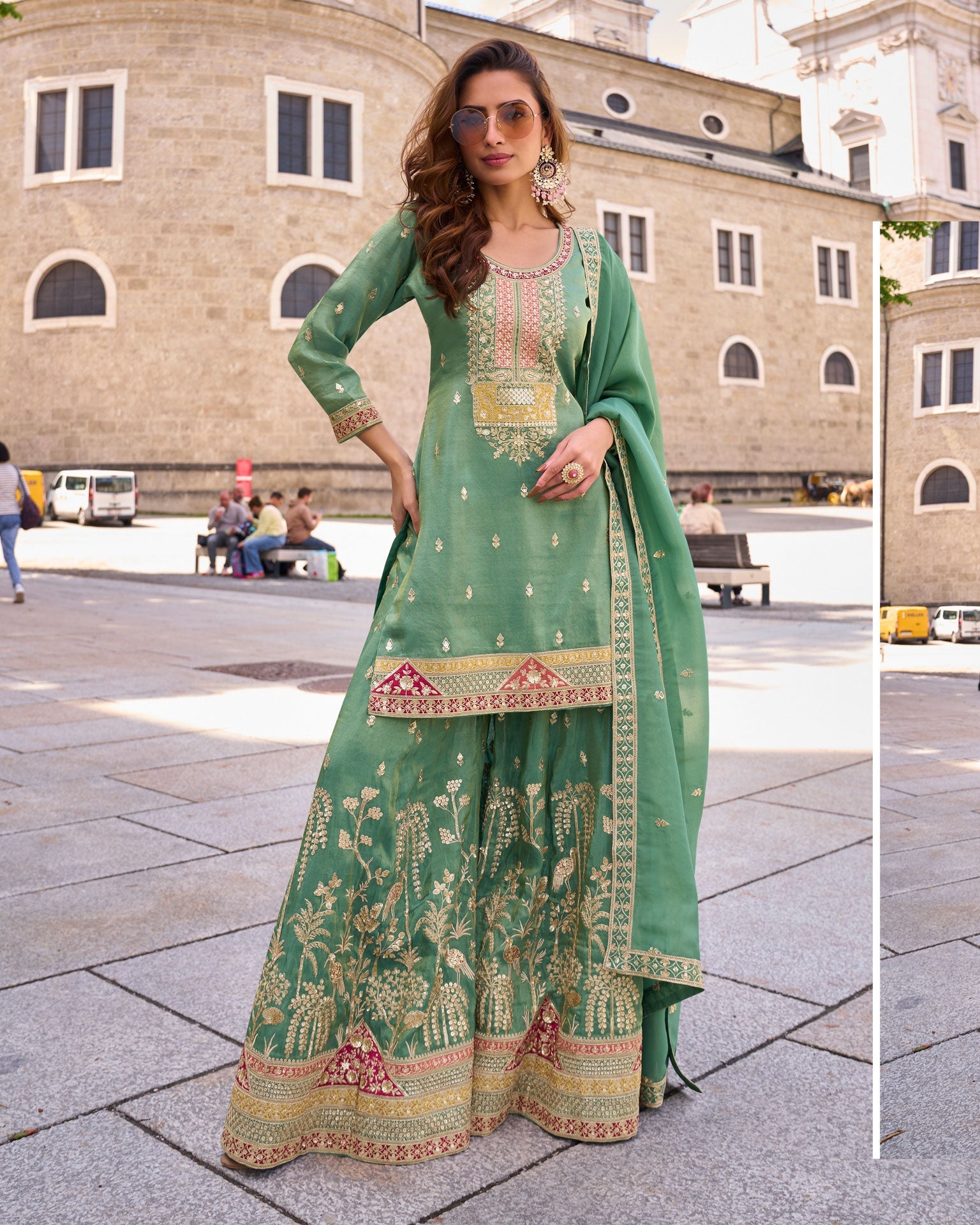 Pista Green Simar Silk Readymade Woman Palazzo Suit With Silk Dupatta