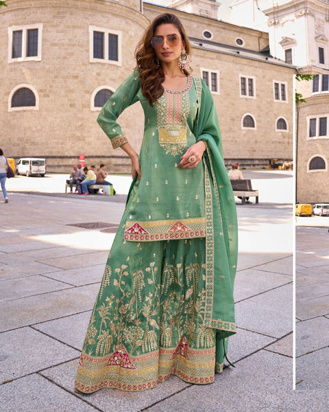 Pista Green Simar Silk Readymade Woman Palazzo Suit With Silk Dupatta