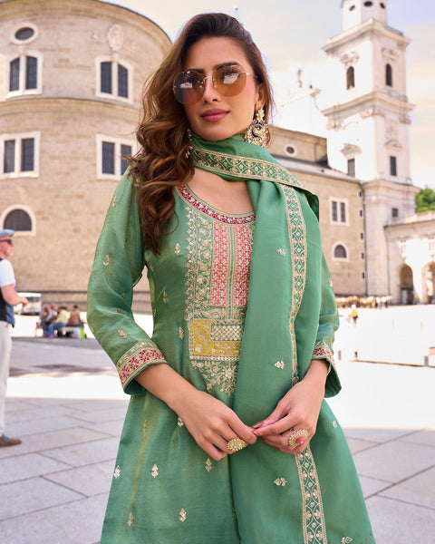 Pista Green Simar Silk Readymade Woman Palazzo Suit With Silk Dupatta
