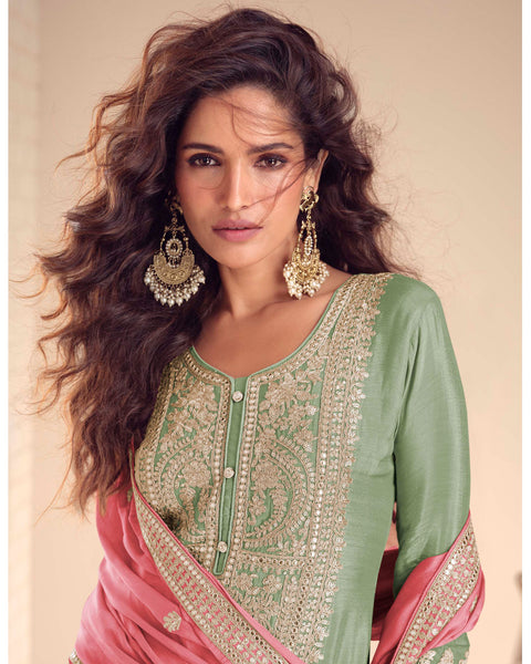 Green Chinnon Silk Woman Palazzo Suit
