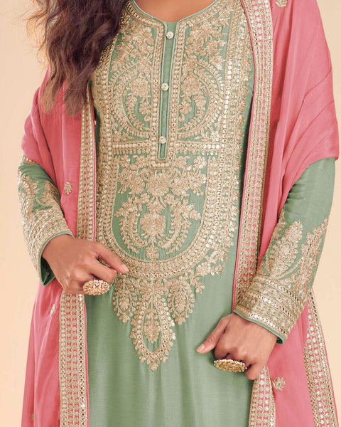 Green Chinnon Silk Woman Palazzo Suit