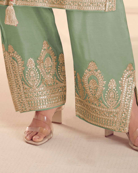 Green Chinnon Silk Woman Palazzo Suit