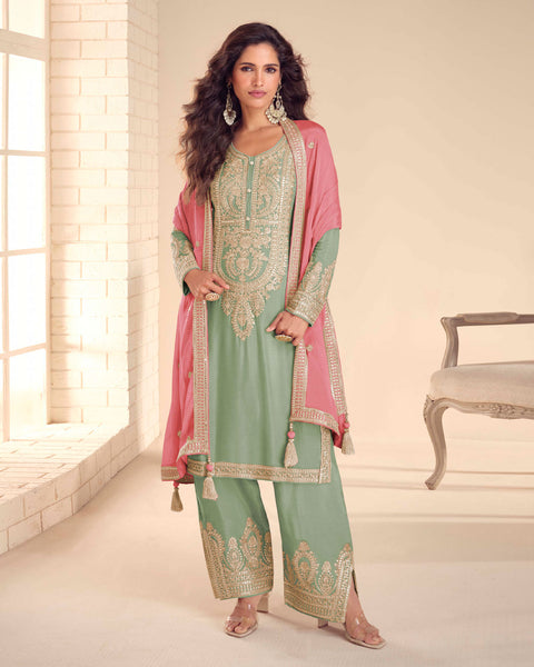 Green Chinnon Silk Woman Palazzo Suit
