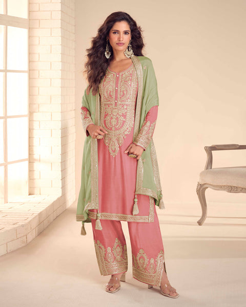 Pink Chinnon Silk Woman Palazzo Suit