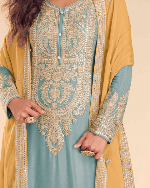 Blue Chinnon Silk Woman Palazzo Suit