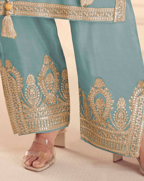 Blue Chinnon Silk Woman Palazzo Suit