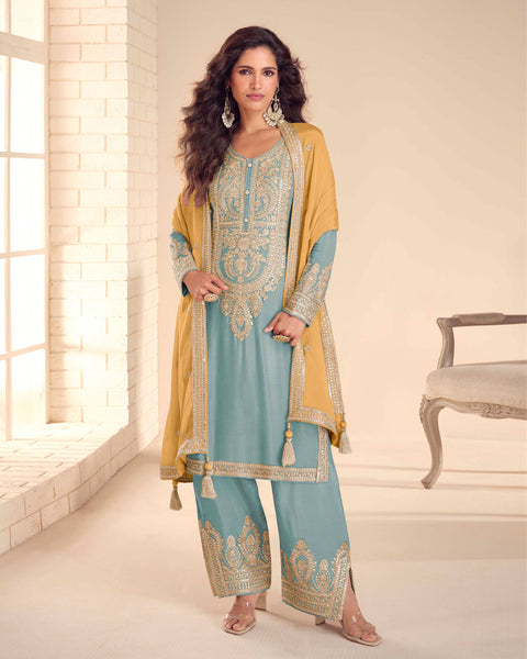Blue Chinnon Silk Woman Palazzo Suit