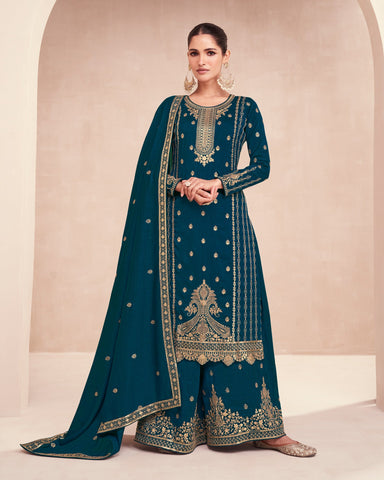 Blue Silk Readymade Salwar Suit With Sequins & Zari Work & Embroidered Palazzo & Dupatta