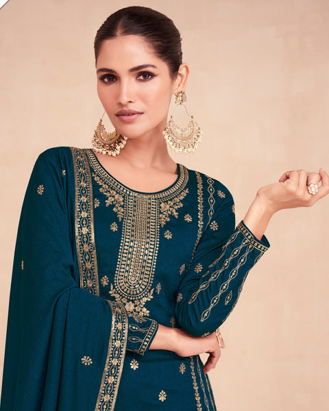 Blue Silk Readymade Salwar Suit With Sequins & Zari Work & Embroidered Palazzo & Dupatta