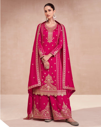 Pink Silk Readymade Salwar Suit With Sequins & Zari Work & Embroidered Palazzo & Dupatta